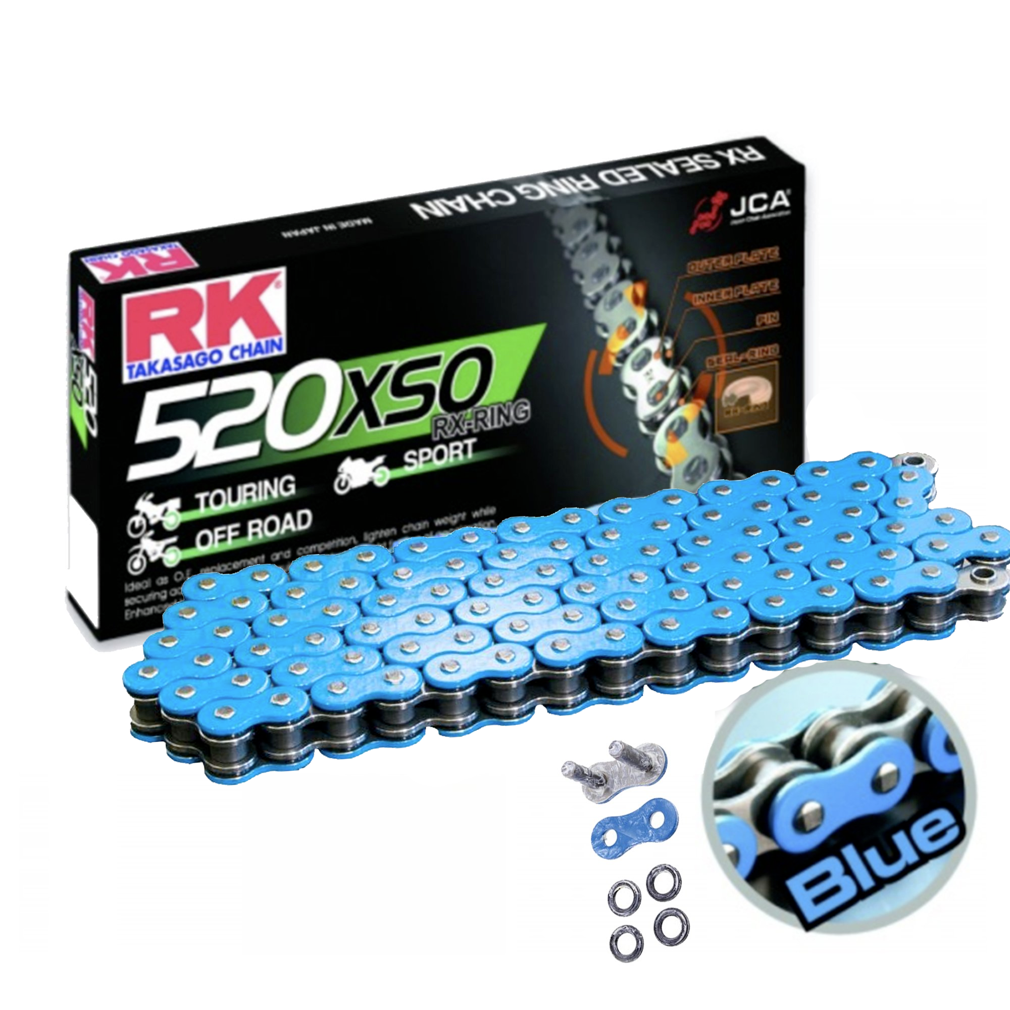 RK, RK 520 Blue HD RX-Ring Motorcycle Bike Chain 520 XSO 120 Links with Rivet Link