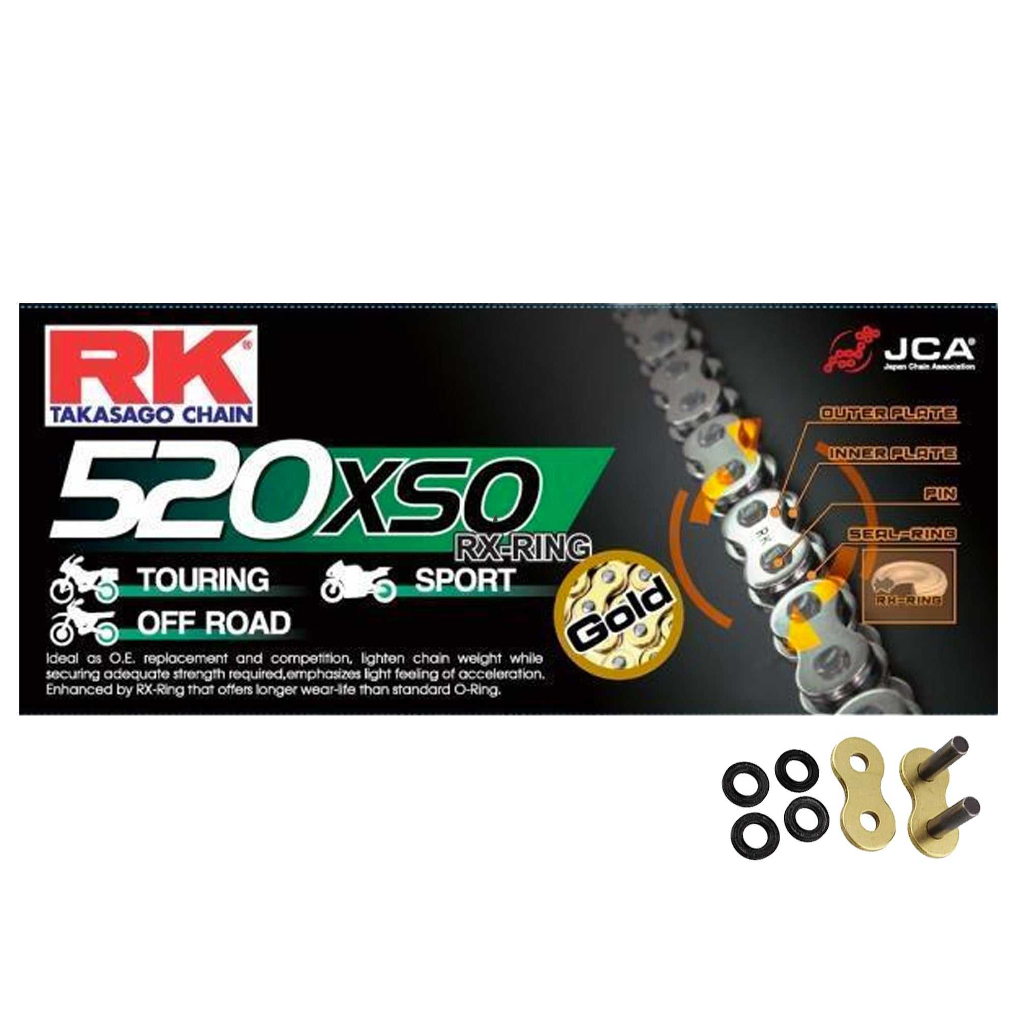 RK, RK 520 Gold HD RX-Ring Motorcycle Bike Chain 520 XSO 100 Links with Rivet Link