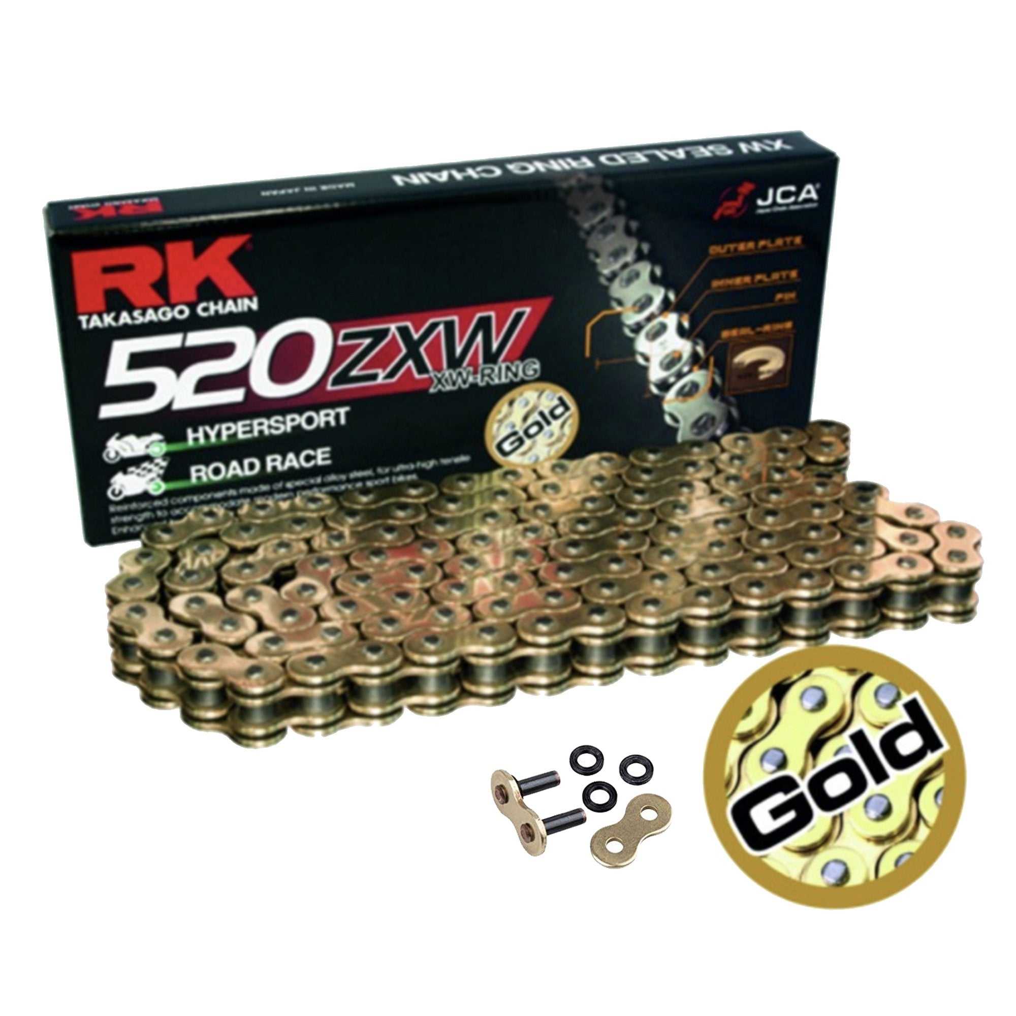 Chains and Sprockets, RK 520 Gold Ultra-HD XW-Ring Motorcycle Bike Chain 520 ZXW 118 Links with Rivet Link