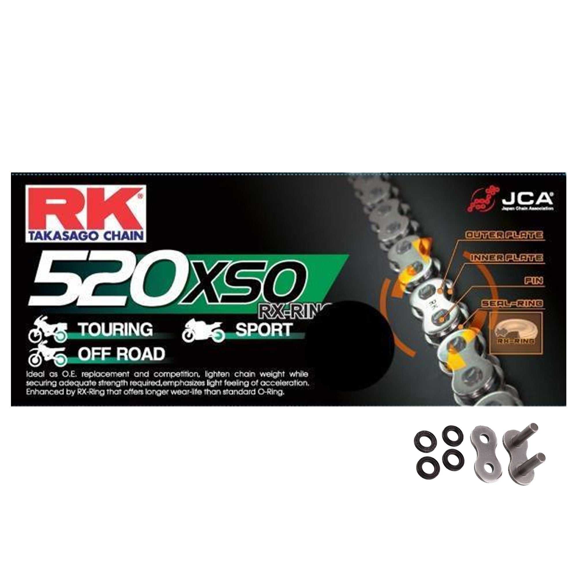 Chains and Sprockets, RK 520 Steel HD RX-Ring Motorcycle Bike Chain 520 XSO 110 Links with Rivet Link