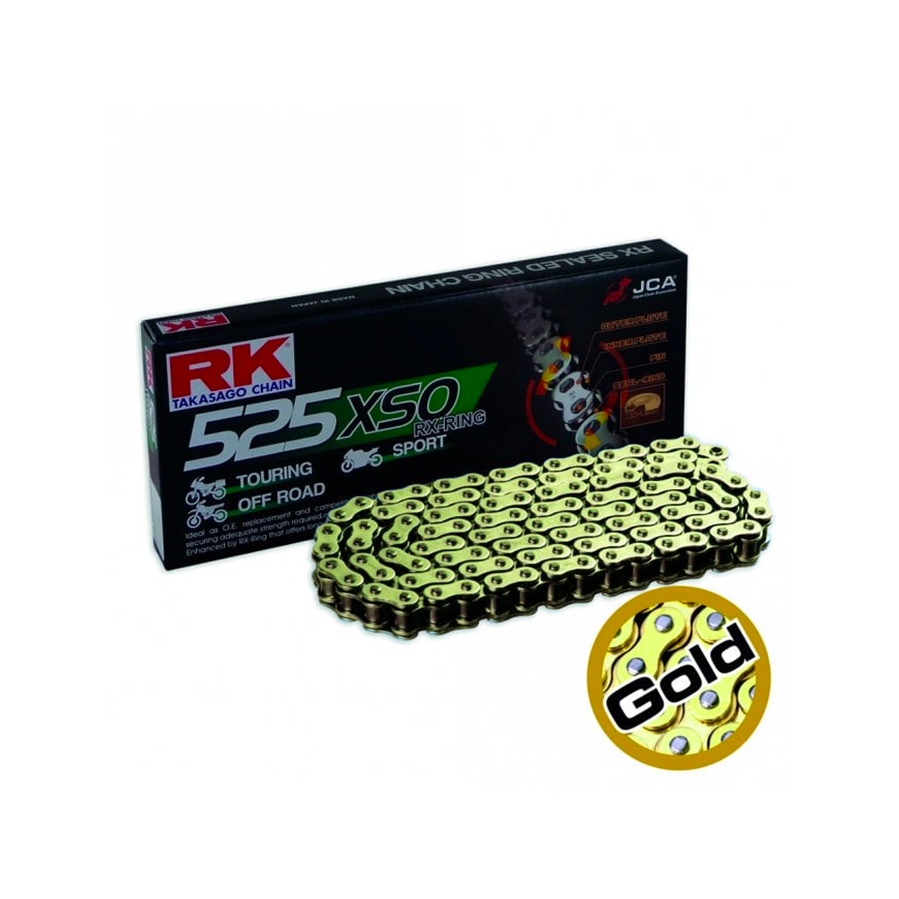 Chains and Sprockets, RK 525 XSO Gold 108 Link X-Ring Heavy Duty Motorcycle Chain