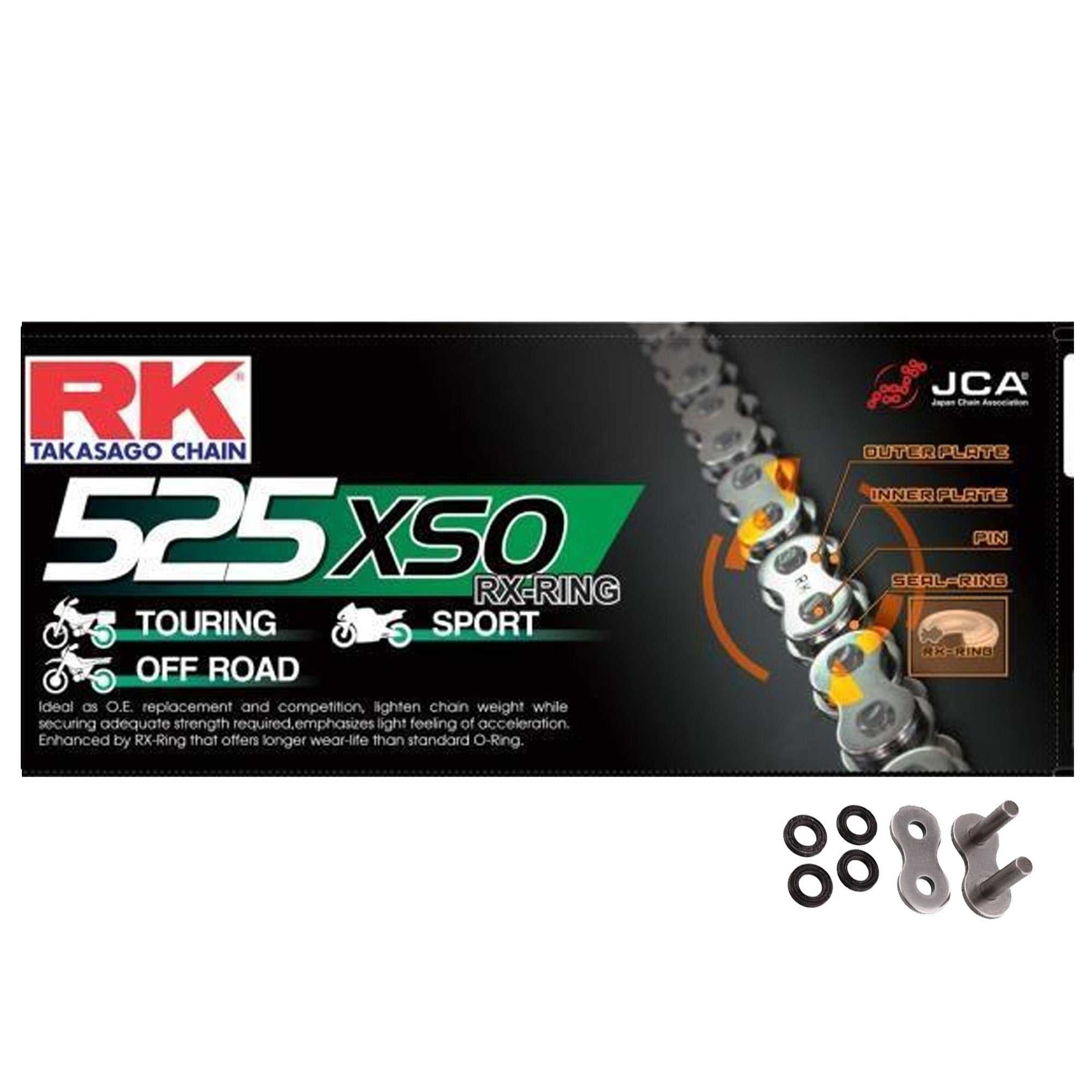 Chains and Sprockets, RK 525 XSO Steel 108 Link X-Ring Heavy Duty Motorcycle Chain