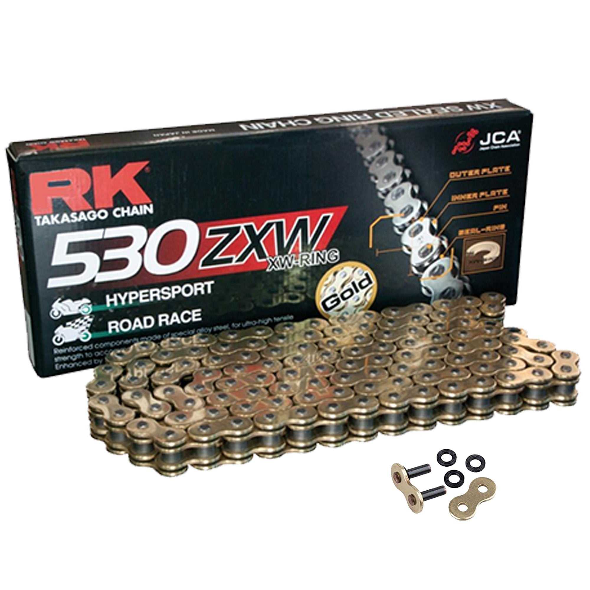 Chains and Sprockets, RK 530 ZXW Gold 108 Link X-Ring Super Heavy Duty Motorcycle Chain